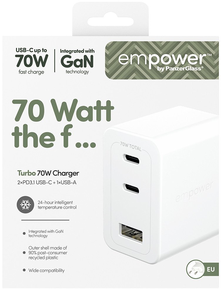 Полнач за ѕид PanzerGlass Turbo Multiplo 70W, 2x USB C, USB A, бел