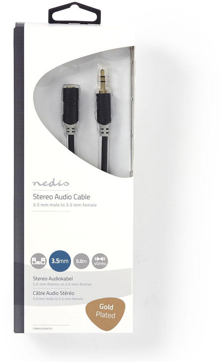 Аудио стерео кабел Nedis, 3,5 mm машки на 3,5 mm женски, 5 m, антрацит