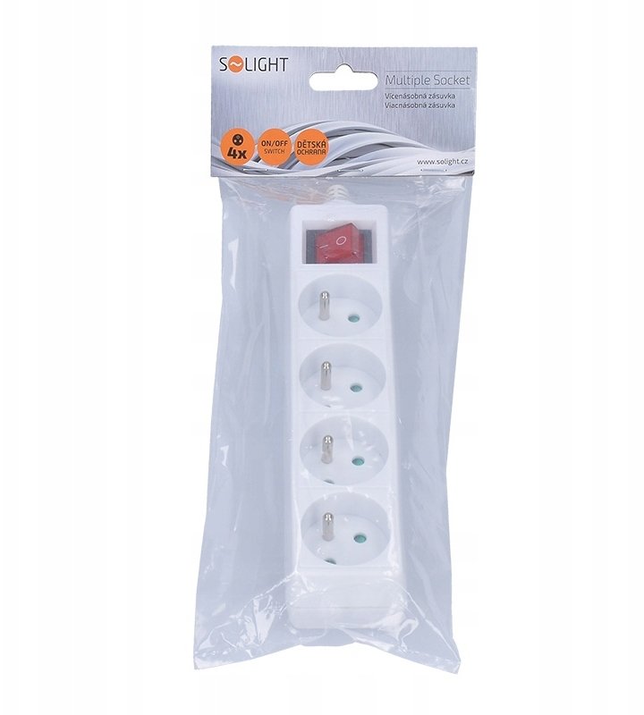 Продолжен кабел Solight PZ14, 4 излези, со ON/OFF прекинувач, бел