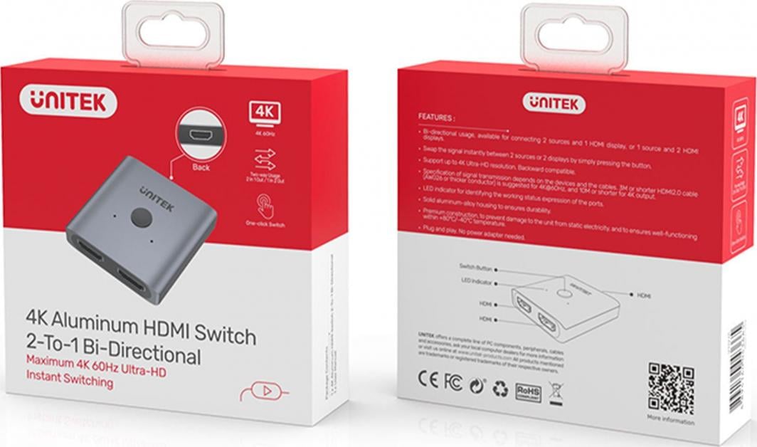 Ndërprerës Unitek Bidirectional, HDMI 2.0, 4K, 2in1, i hirtë