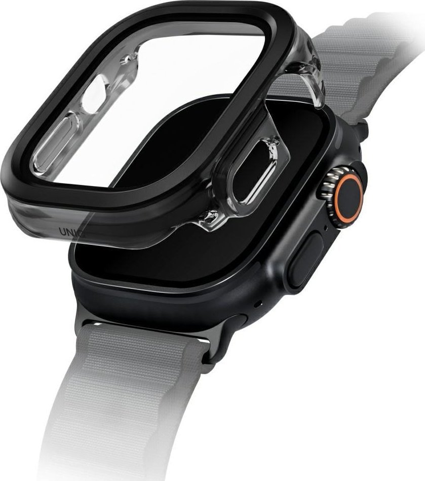 Mbrojtëse Uniq Voute për Apple Watch Ultra 49mm, xham i temperuar, kornizë plastike, e zezë
