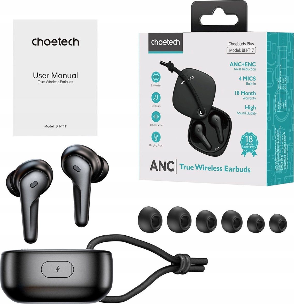 Kufje pa tela Choetech TWS ANC, Bluetooth 5.4, set 2 copë, të zeza