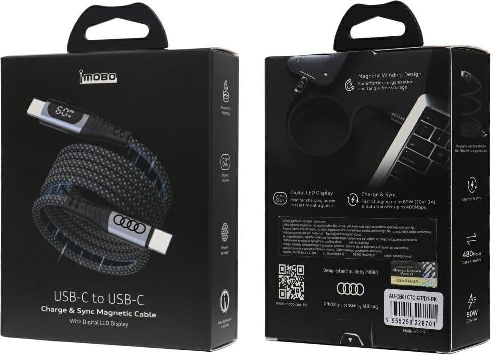 Kabllo karikimi Audi USB C në USB C 2.0, 60W, 1.2m, e zezë