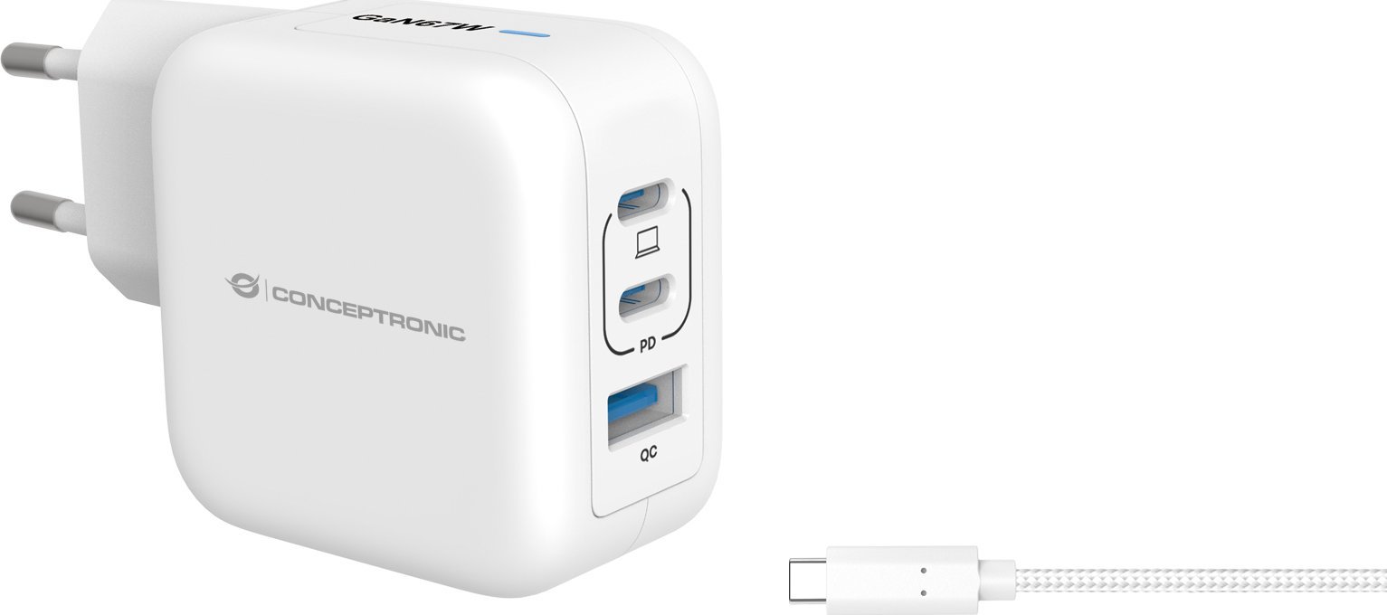 Karikues Conceptronic 3 Port GaN, 67W, USB C PD QC 3.0, me kabllo, i bardhë