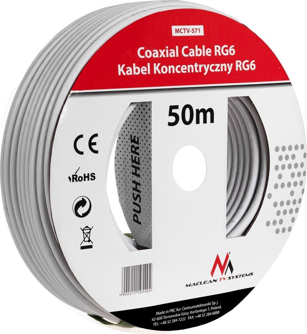 Kabllo koaksiale Maclean MCTV-571, 50m, e bardhë