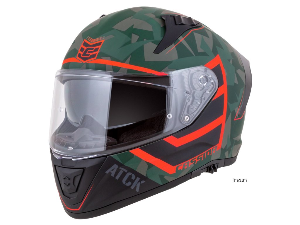 Helmetë integrale Cassida Aero ATCK 2026, plastike, me diellore, kamuflazh jeshile e zezë gri portokalli