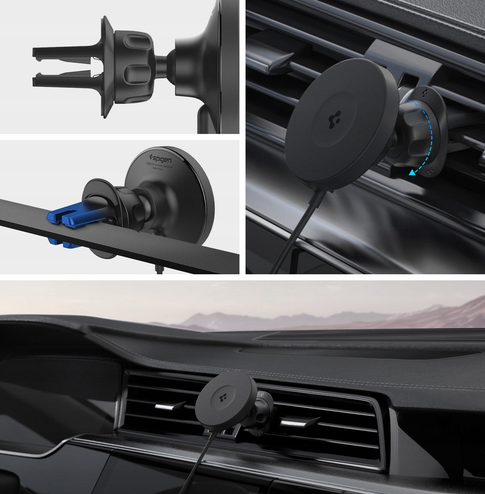 Mbajtës makine me karikues wireless Spigen OneTap Pro 4 MagSafe, montim në grilë ajri, për telefona MagSafe, i zi