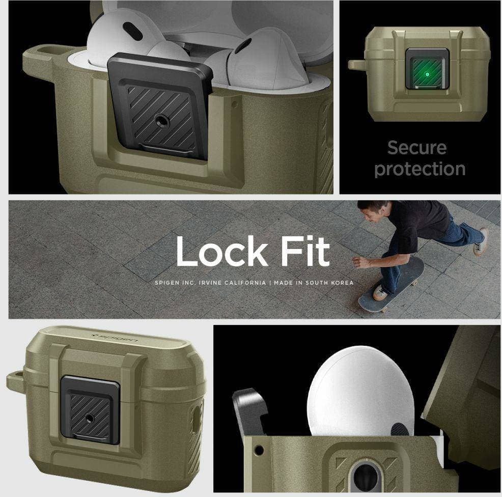 Mbështjellëse Spigen Lock Fit për Apple AirPods Pro 1 2, matte, khaki