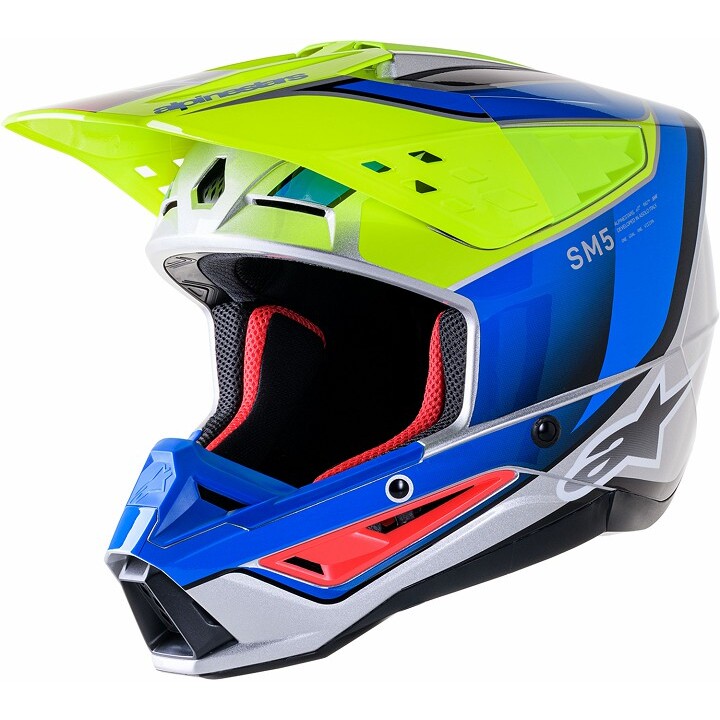 Helmetë motocross Alpinestars S-M5 Sail, madhësia S, blu neon e verdhë argjend e zezë
