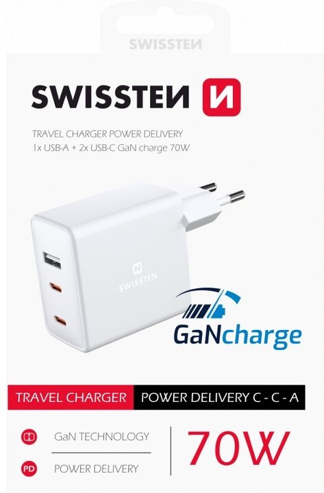 Karikues SWISSTEN GaN, USB-A, 2x USB-C, 70W, i bardhë