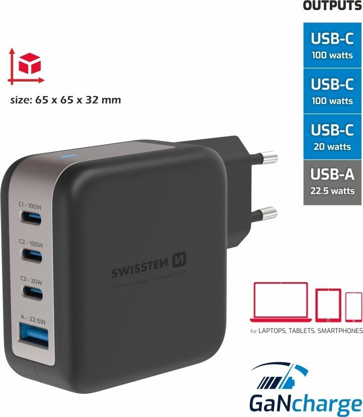 Karikues Swissten GaN, 3x USB C 100W PD, 1x USB A 18W QC, i zi