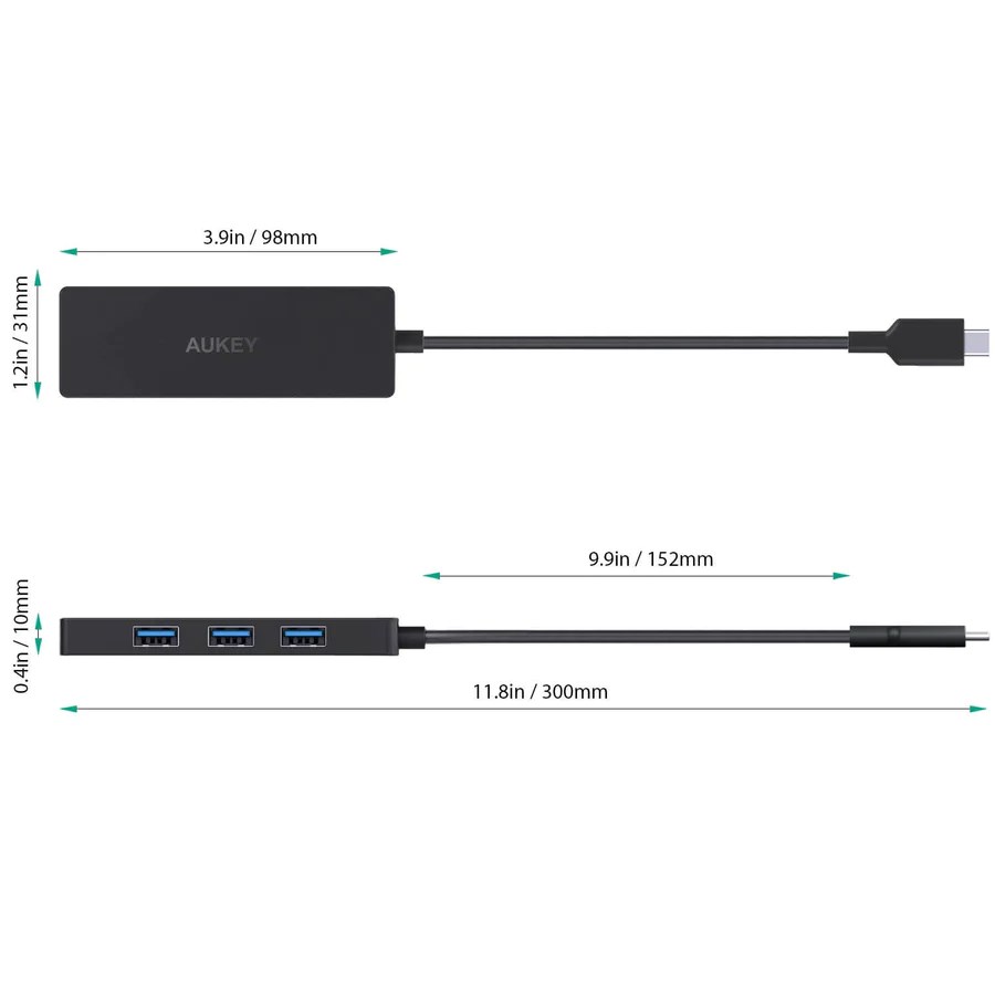 USB Hub Aukey Ultra Slim, 4 porte USB 3.1, USB-C, e zezë