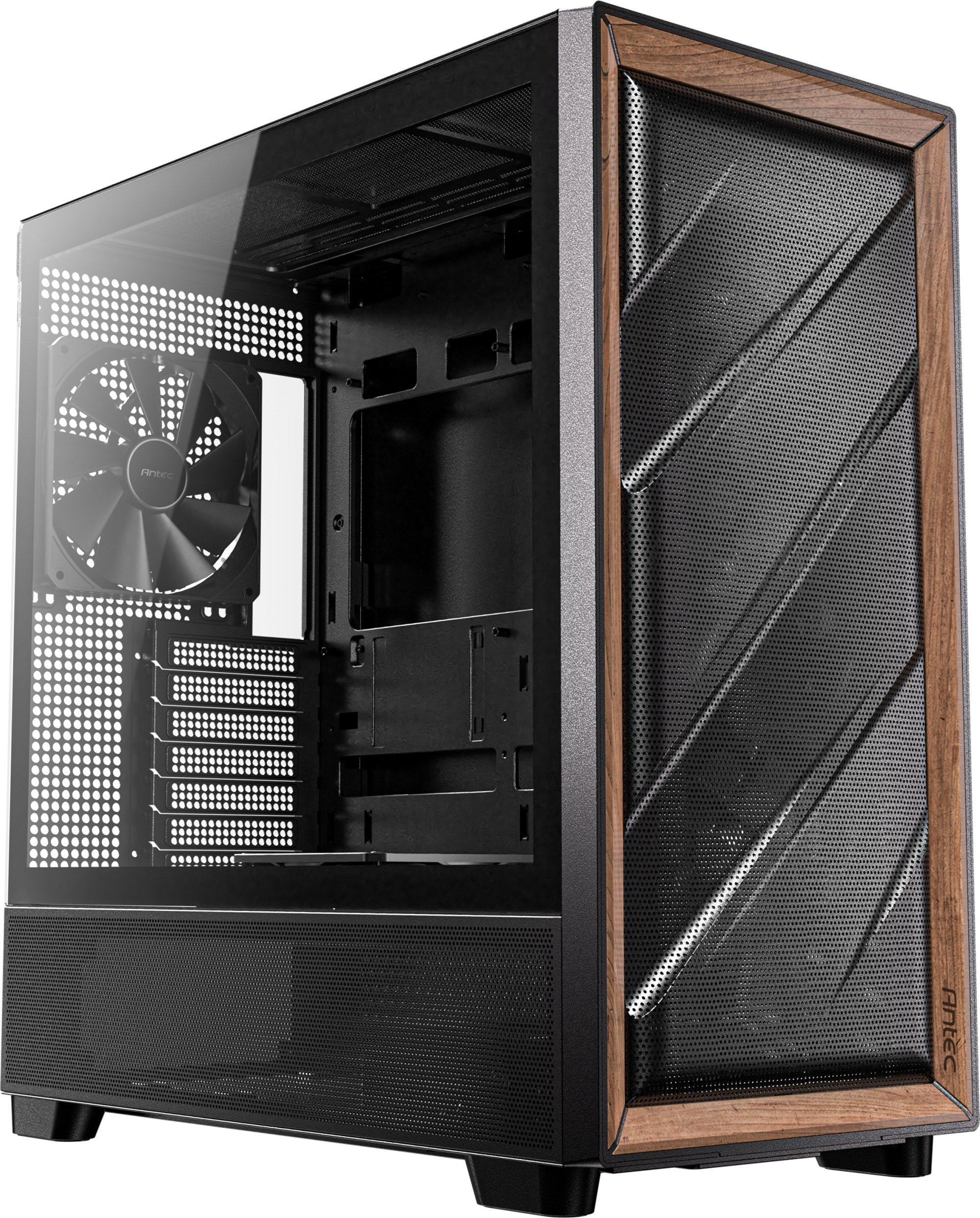 Куќиште за компјутер Antec Dark League DF700 Flux, MIDI Tower, ARGB, црно со оревово дрво