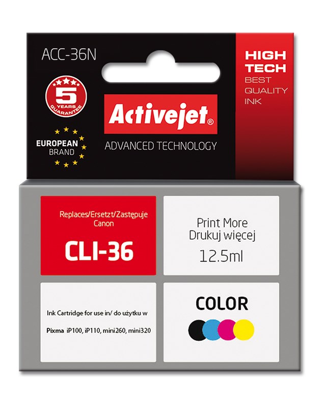 Ngjyrë për printer Activejet ACC-36N (zëvendësim për Canon PGI-36), 12.5 ml, e zezë / e kaltër / vjollcë / e verdhë