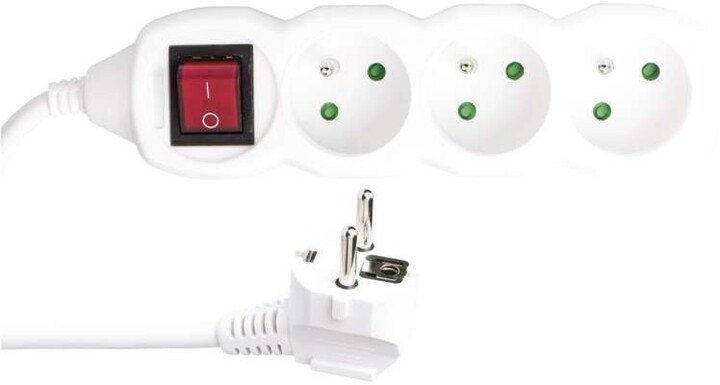 Kabllo zgjatëse Emos, 3 priza, ndërprerës, 10m, e bardhë