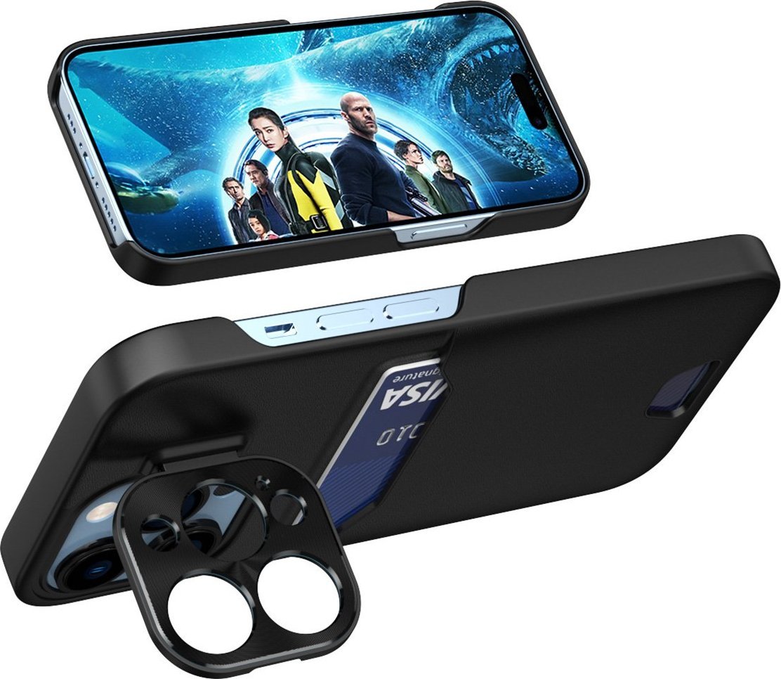 Mbulesë telefoni Hurtel Leather Stand Case për iPhone 14, me portofol për karta, me qëndrim, e zezë