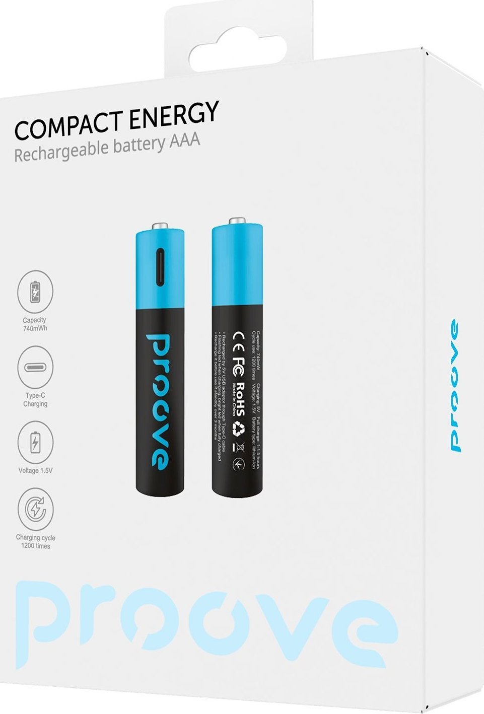 Bateri të rikarikueshme AAA Proove, 740 mWh, 2 copë, të zeza