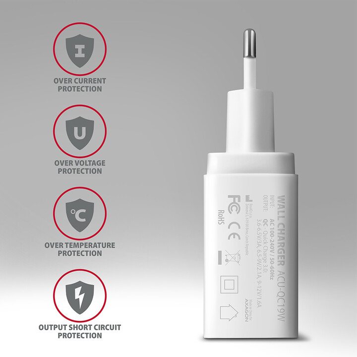 Karikues AXAGON ACU-QC19, QUICK, 1x port QC3.0/AFC/FCP/SMART, 19W, i bardhë