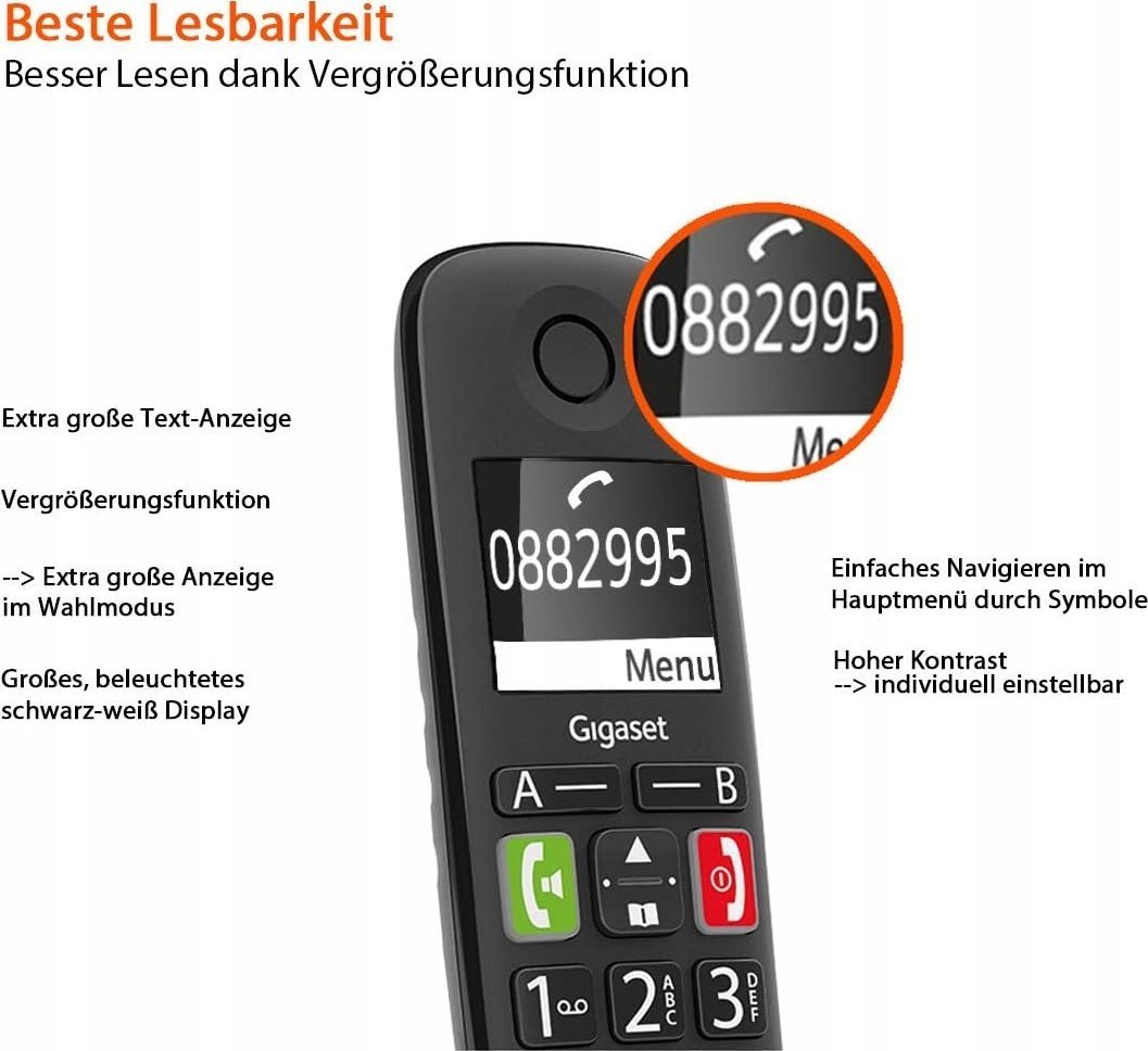 Telefon fiks me kabllo Gigaset E290A, sekretari digjitale, ekran i madh, i zi
