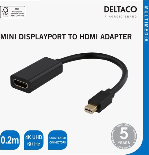 Adapter video Deltaco 00110024, Mini DisplayPort në HDMI, 20cm, i zi