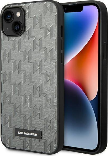 Mbështjellës telefoni Karl Lagerfeld Saffiano Mono Metal Logo për iPhone 14 Plus 6.7", hardcase, gri