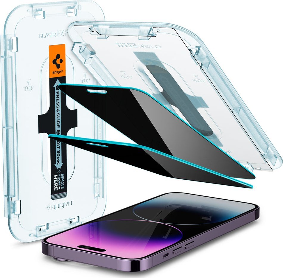 Заштитно стакло за приватност Spigen EZ Fit за iPhone 14 Pro Max, зацврстено стакло, сет од 2 парчиња
