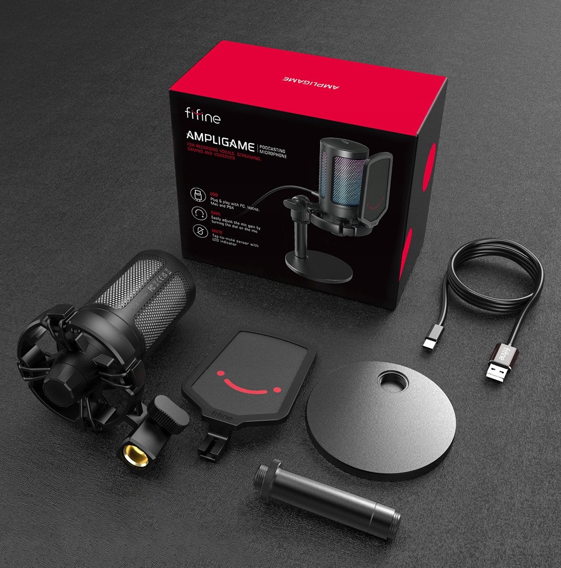 Mikrofon kondensator Fifine A6 Studio AmpliGame, USB, RGB, i zi