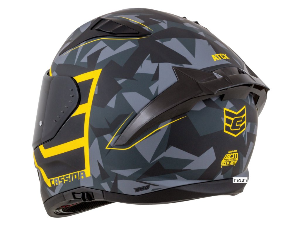 Kaskë moto CASSIDA Aero ATCK, integrale, ECE 22.06, gri kamuflazh e zezë e verdhë neon