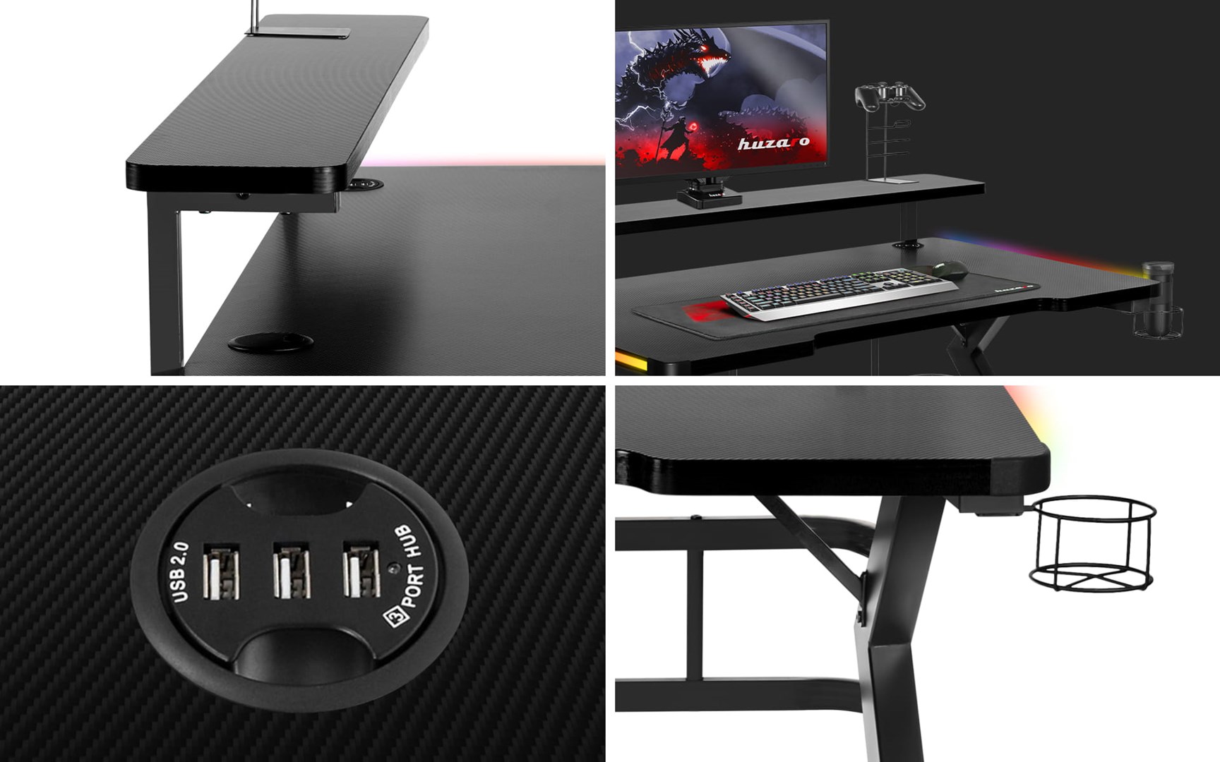 Tavolinë lojërash Huzaro Hero 5.0, 120x60 cm, 25 mm, RGB LED, e zezë