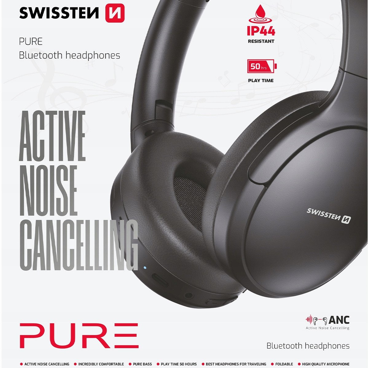 Kufje me bluetooth Swissten Pure, ANC, 50 orë bateri, të zeza