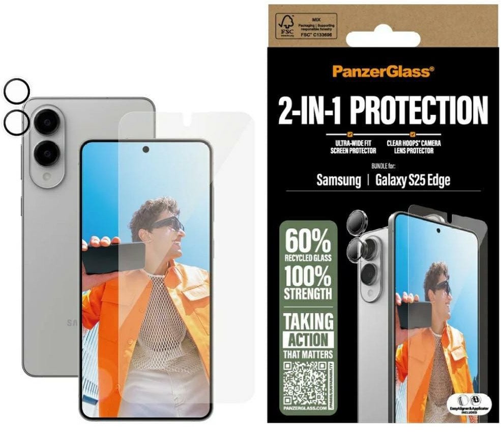 Set mbrojtës PanzerGlass 2 in 1 për Samsung S25 Edge, screen protector, mbrojtës kamere, transparent