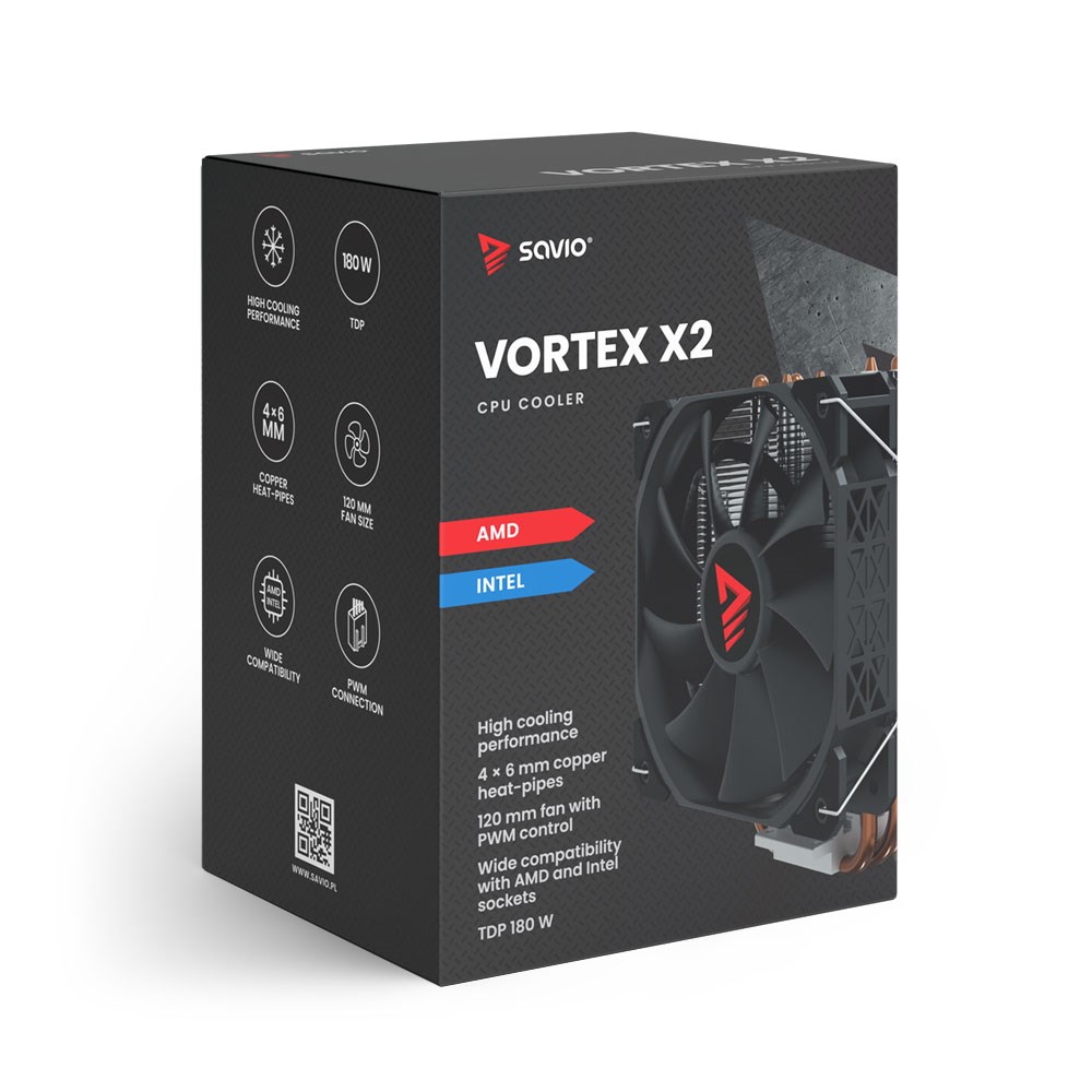 Ftohës CPU Savio VORTEX X2, 120mm, 180W TDP, i zi