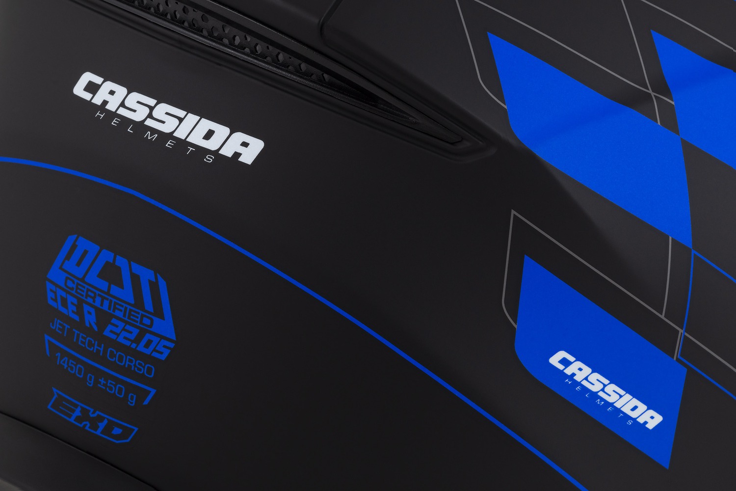 Helmeta jet Cassida Jet Tech RoxoR, polikarbonat, me diellore, e zezë mat me blu gri dhe e bardhë