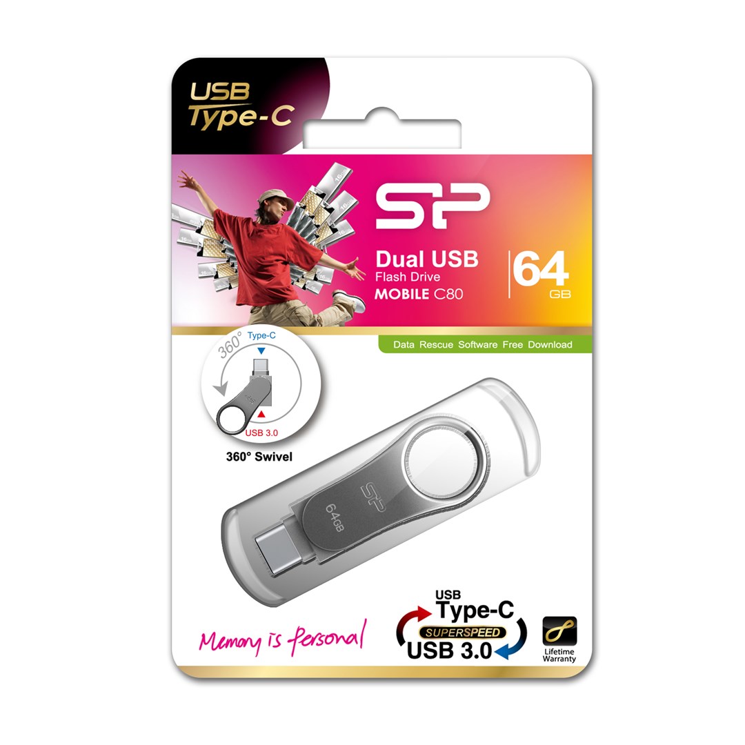 USB Silicon Power Mobile C80, 64GB, USB Type-A/USB Type-C, titan