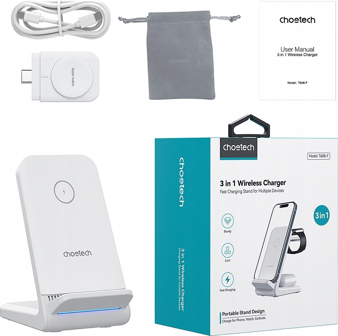Karikues wireless 4 në 1 Choetech T600, 15W, MagSafe, i bardhë
