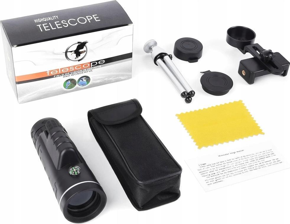 Teleskop monokular Apexel 40x60, diametër 60mm, me tripod dhe mbajtës telefoni, i zi
