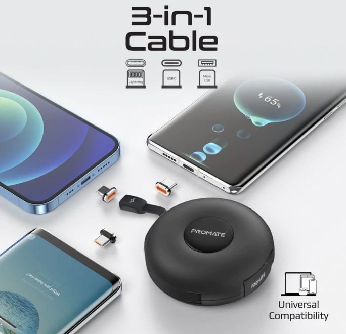 Kabllo karikimi 3 në 1 Quiver Retractable Magnetic, Lightning USB C Micro USB, blu