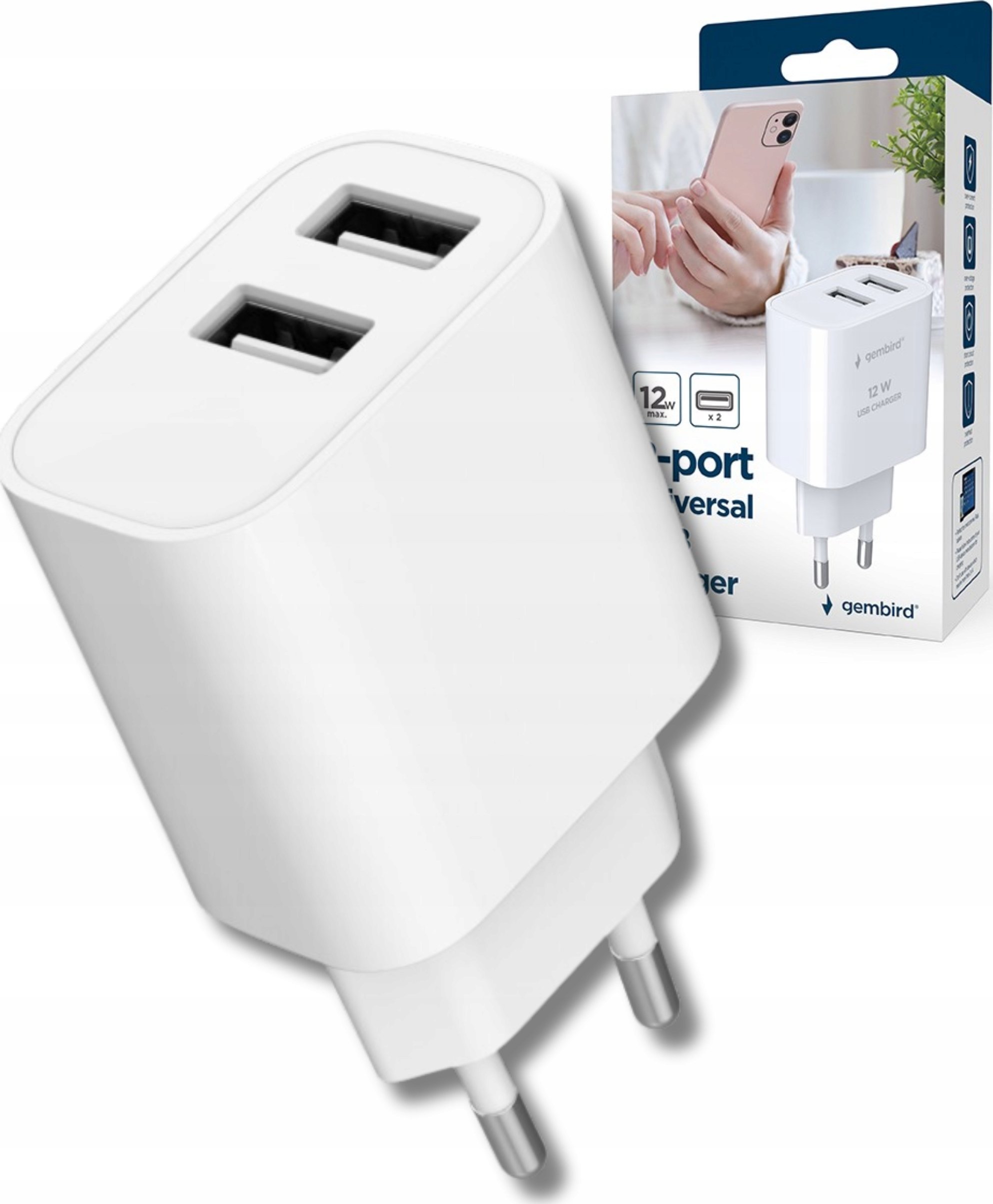Adapter karikues Gembird, 12W, 2.4A, 2x USB, i bardhë