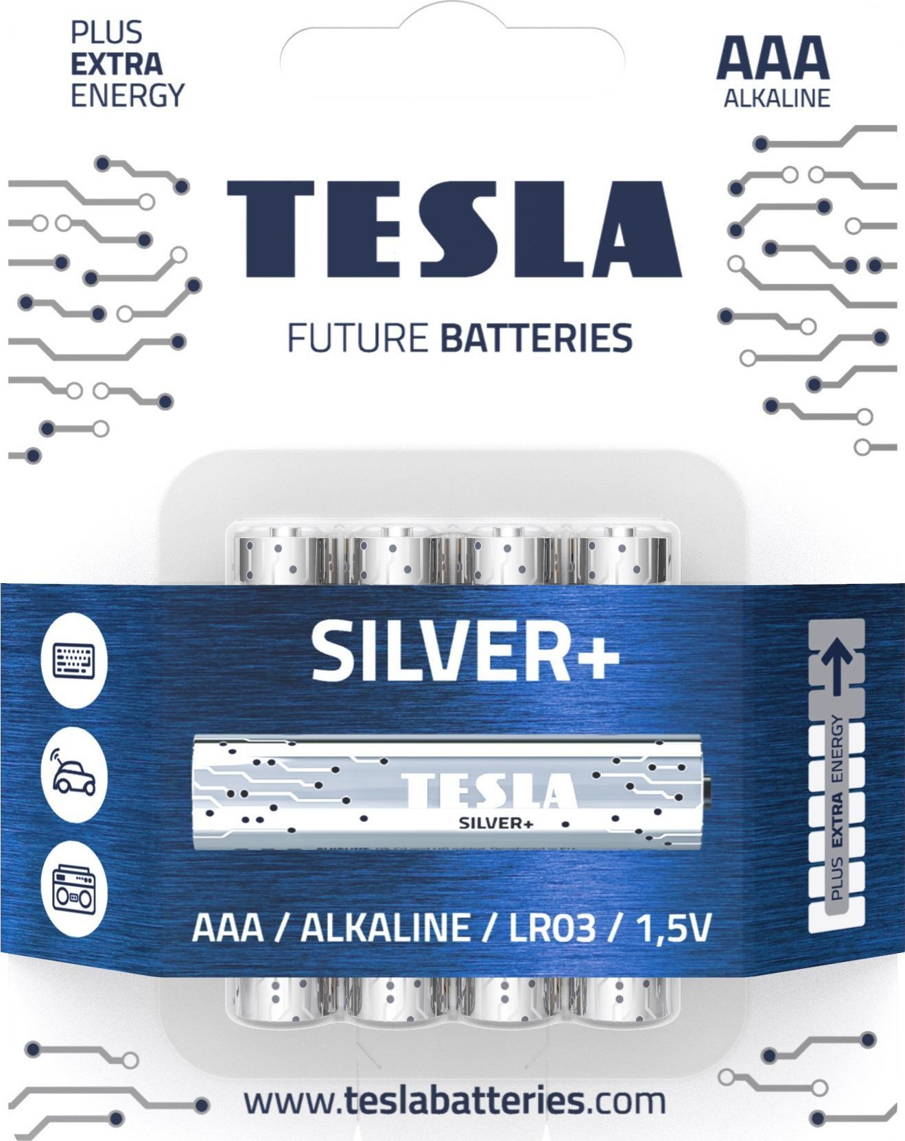 Bateri alkaline TESLA SILVER+ AAA LR03, 1.5V, paketim 4 copë
