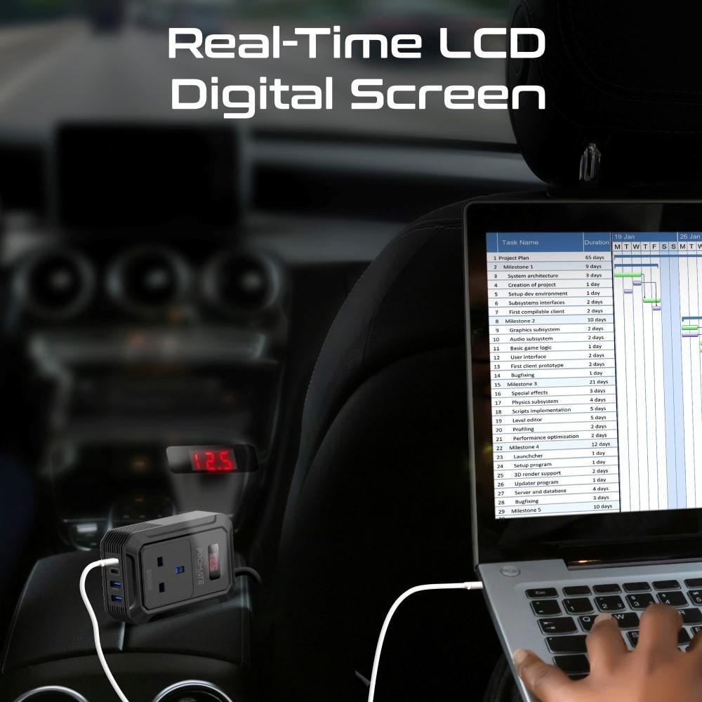 Инвертер за автомобил Promate Inverto 200W, излез AC 12V, USB C PD 65W, црн