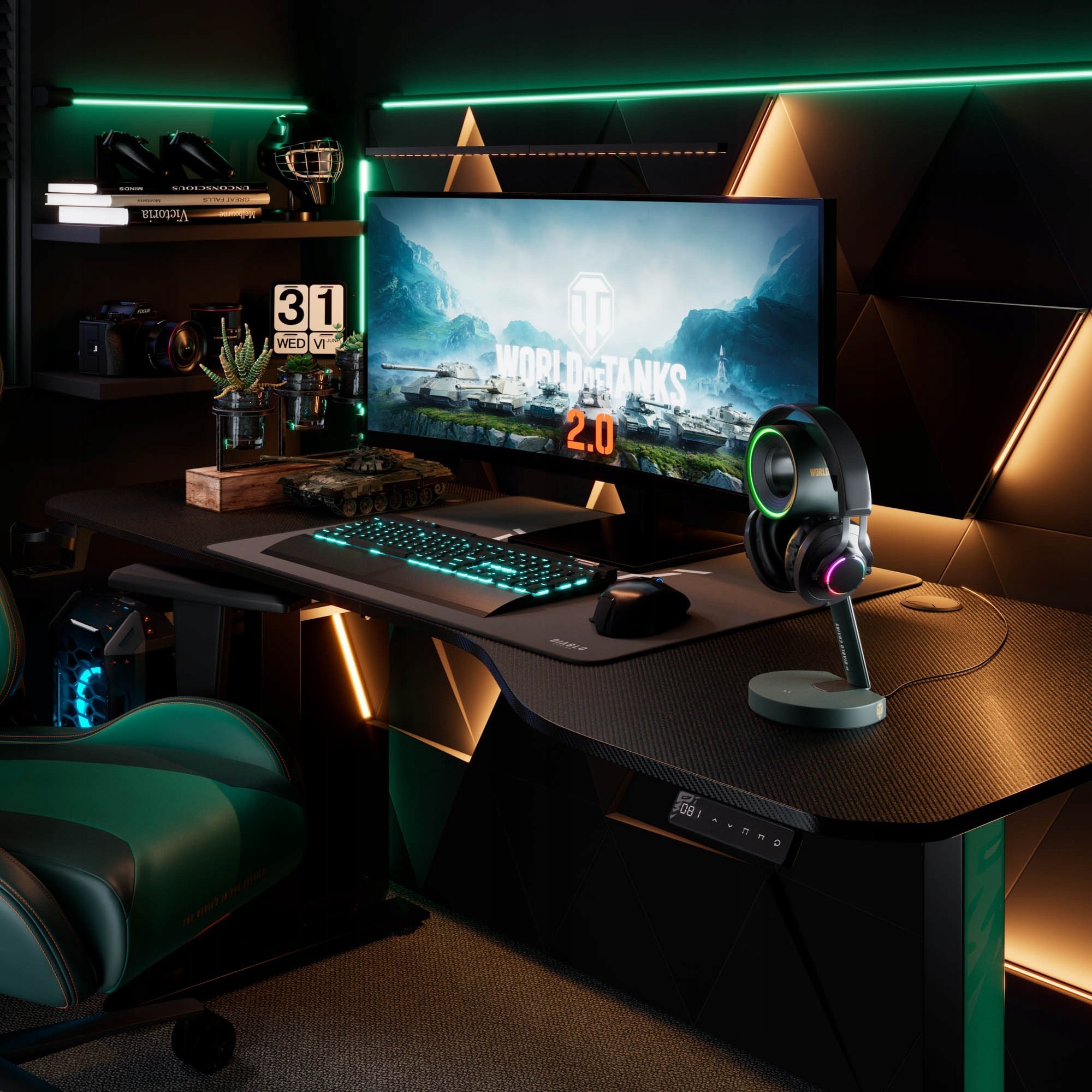 Stendë RGB për kufje World of Tanks, karikues wireless 15W, hub USB, e zezë