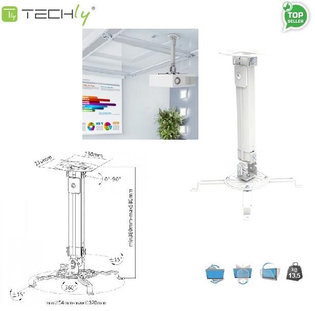 Mbajtës për projektor Techly (309654), për tavan, 38-58cm, i hirtë