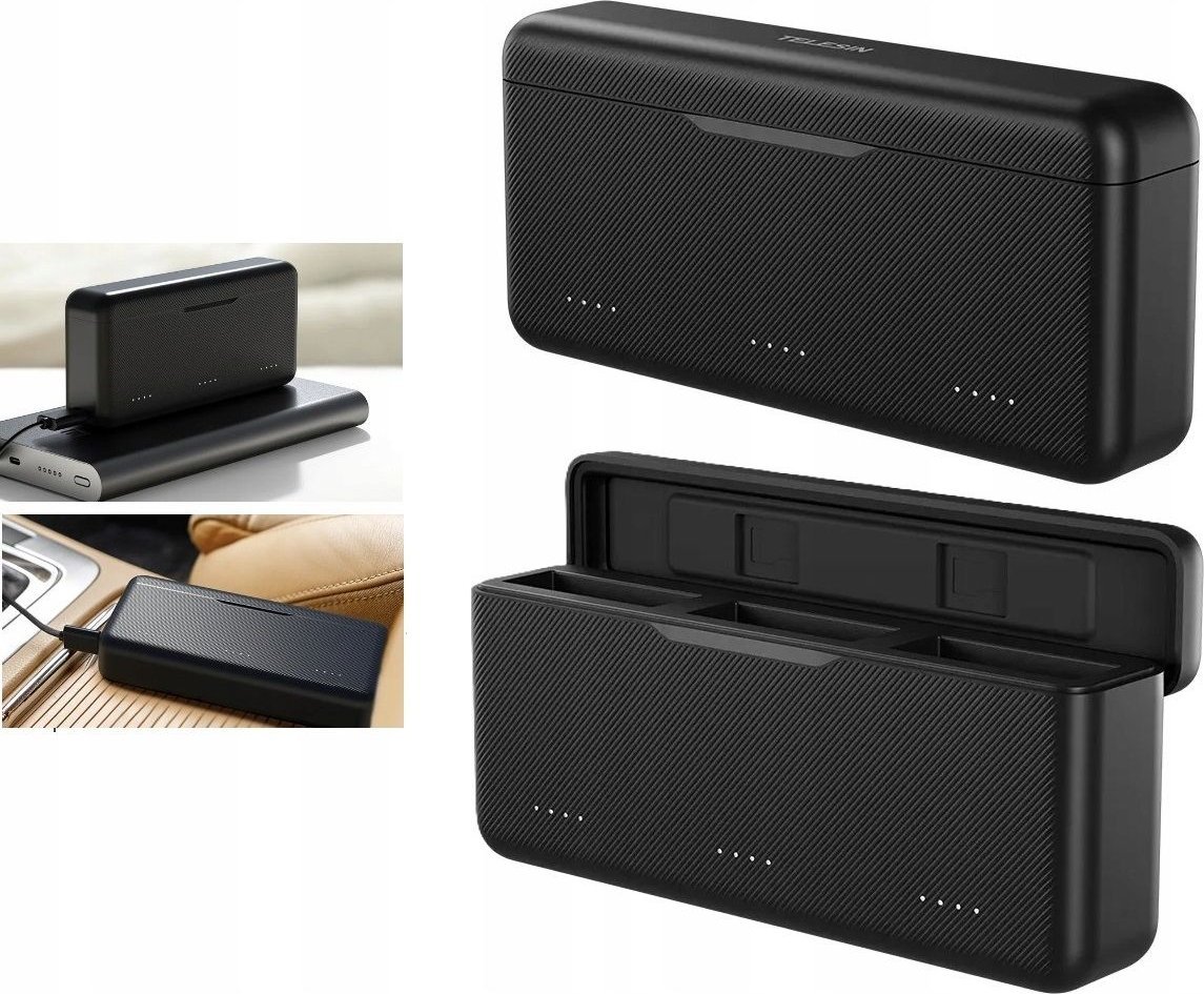 Полнач за батерии TELESIN за DJI Osmo Action 3 4 5 Pro, 3 слота, пренослива кутија за чување, црн