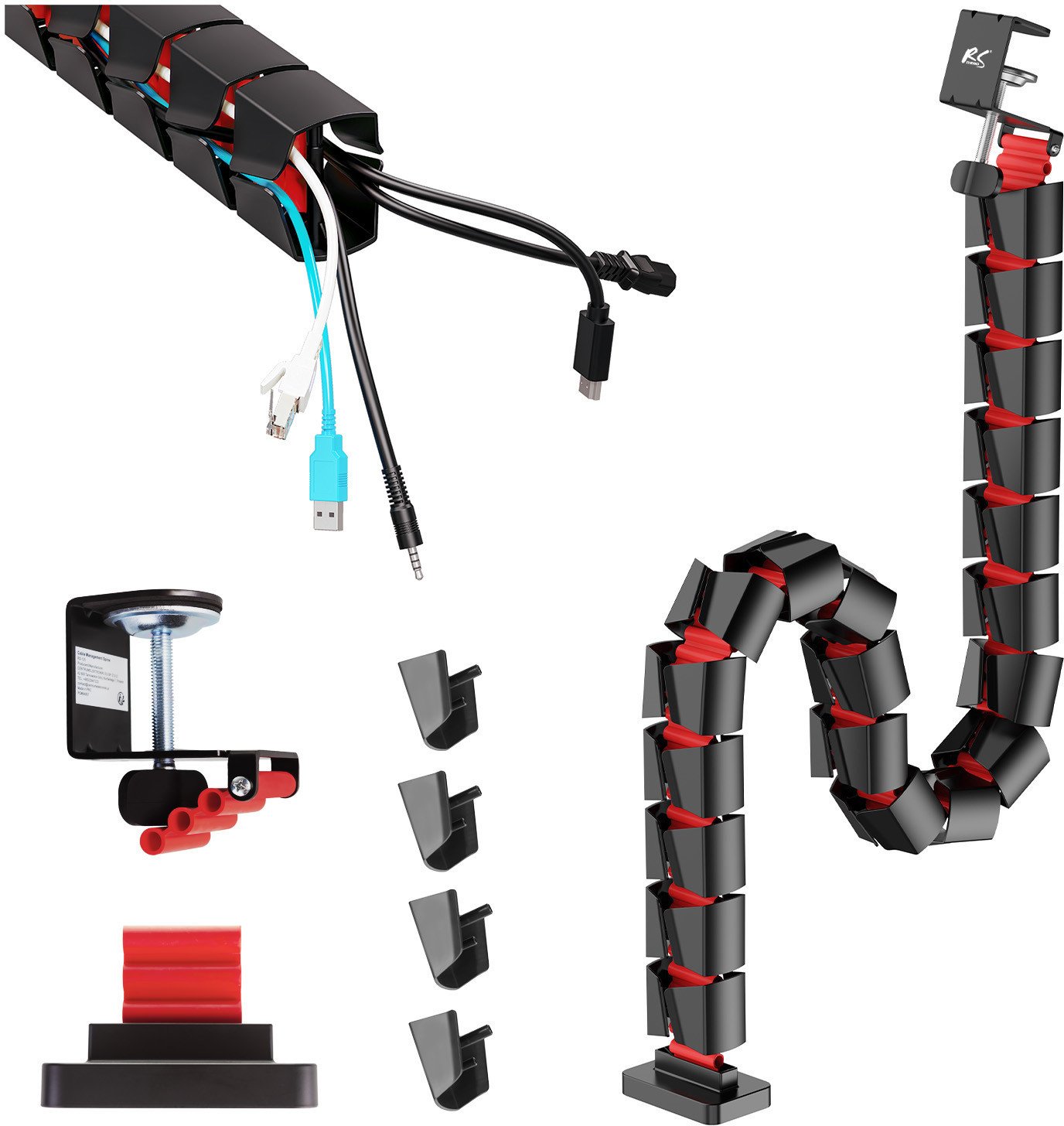 Organizues kabllosh NanoRS Nano RS Organizer, 1345mm, për tavolinë gaming, i zi me të kuqe