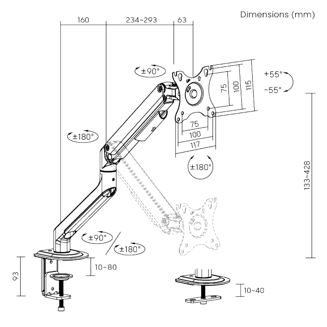 Mbajtëse lëvizëse monitori Brateck LDT63-C012, 17"-32", 9 kg