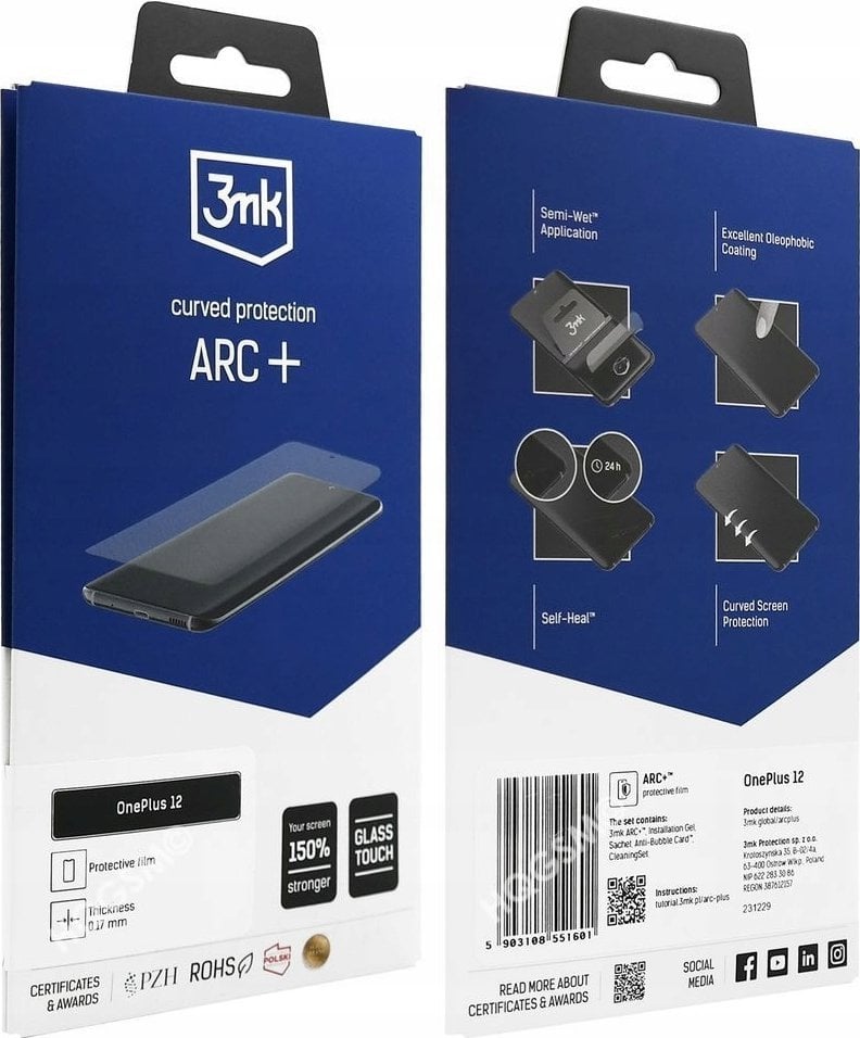 Mbrojtës ekrani 3MK Arc+, për OnePlus 12, transparent