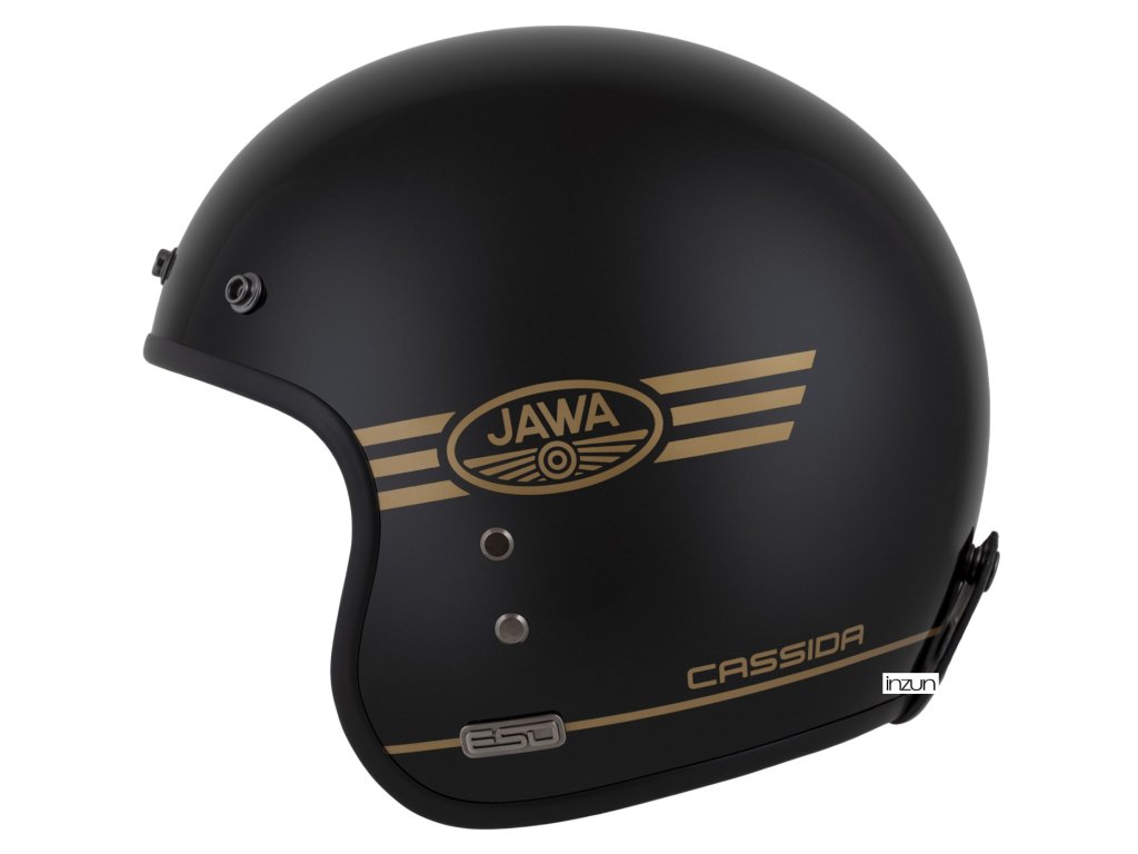 Helmetë moto CASSIDA ESO Jawa Pérák 2026, fibra xhami, black pearl gold