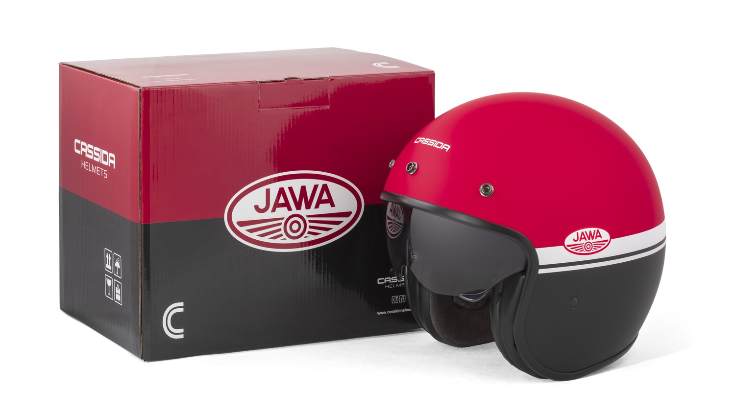 Helmetë moto CASSIDA Oxygen 2.0 Jawa OHC, polikarbonat, vizor dielli, e kuqe mat e zezë e bardhë