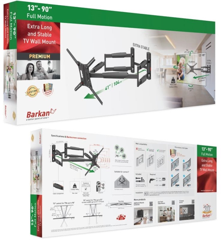 Носач за ѕид за ТВ Barkan BM466XP, до 90\", 60kg, црн