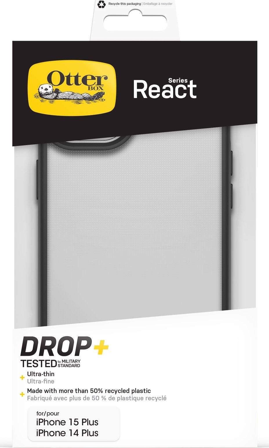 Këllëf telefoni OtterBox React Series për iPhone 15 Plus, mbrojtës, transparent i zi